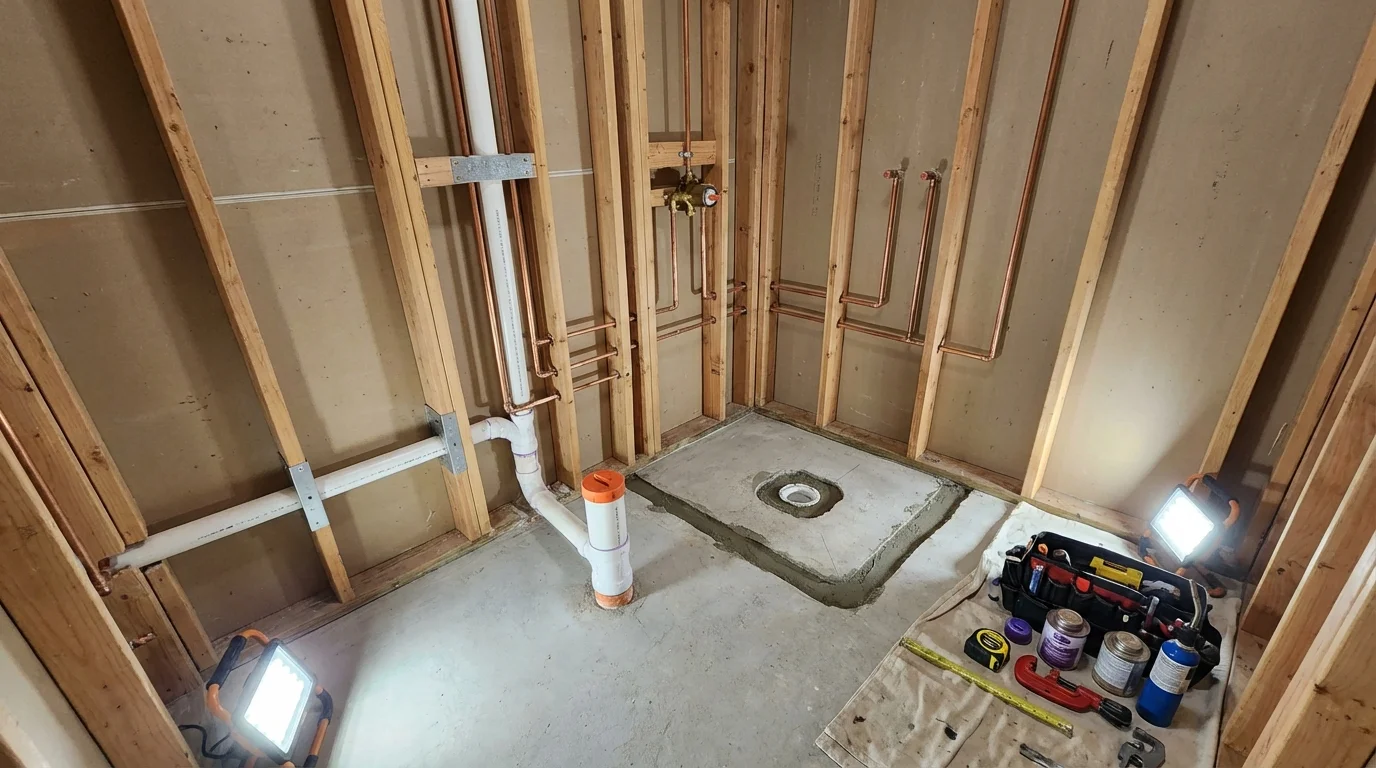 Bathroom rough-in plumbing during remodel by Johns Plumbing LLC in Wellesley