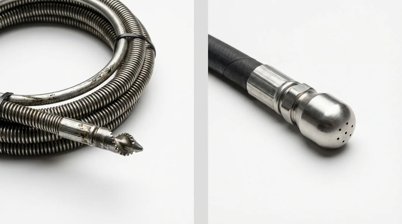 Drain snake cable and hydro jetting nozzle used for drain cleaning in Wellesley, MA