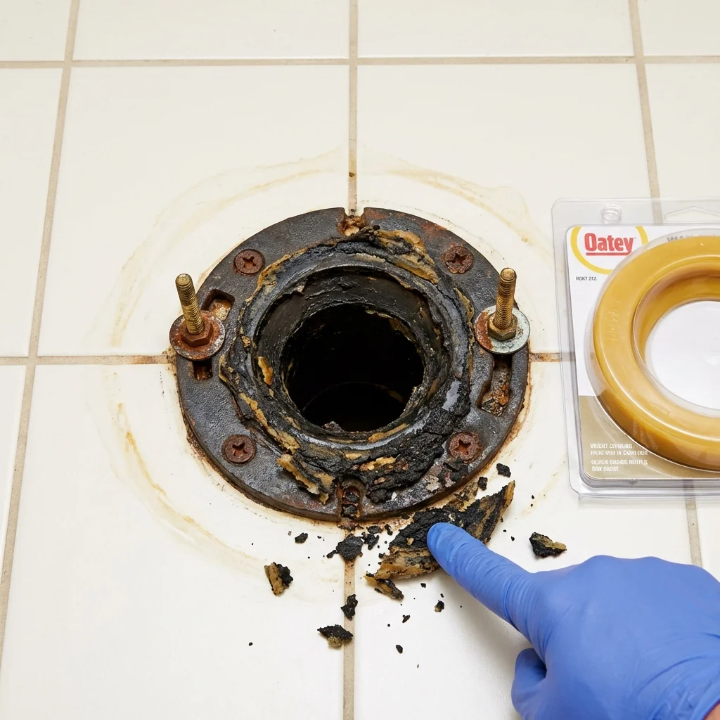 Failed wax ring showing water seepage at the base of a toilet in a Wellesley, MA home