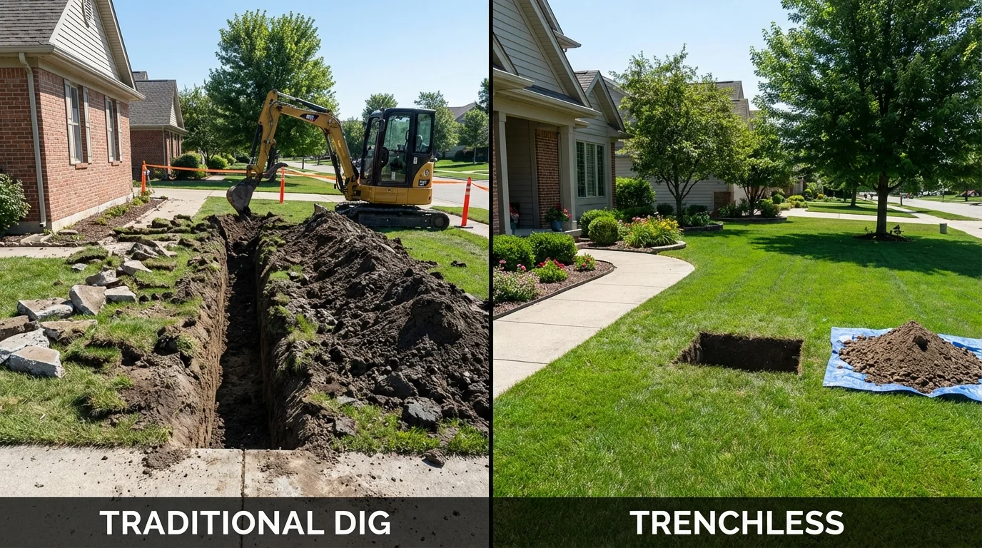 Trenchless sewer repair with minimal yard damage versus traditional excavation in Wellesley, MA