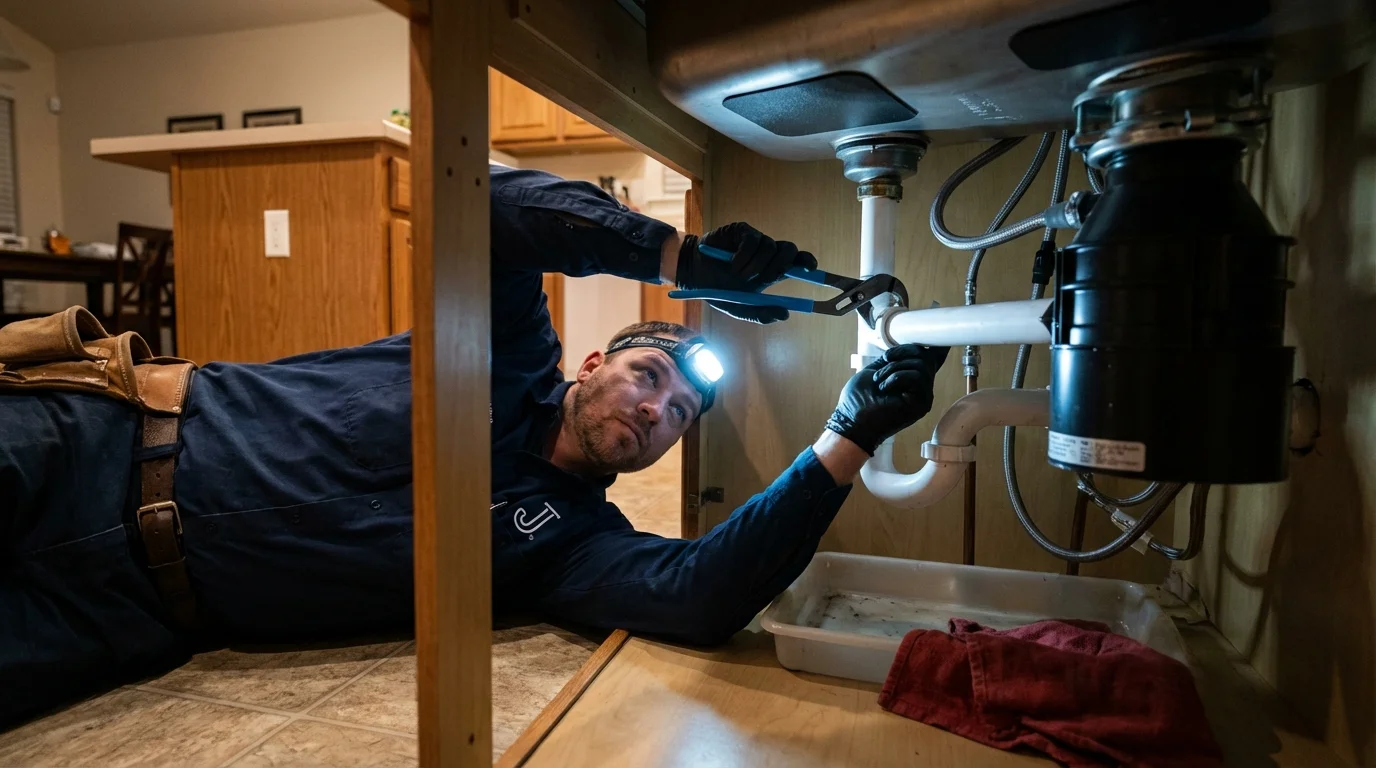 P-trap and supply line connections under a kitchen sink showing a common leak point in Wellesley, MA